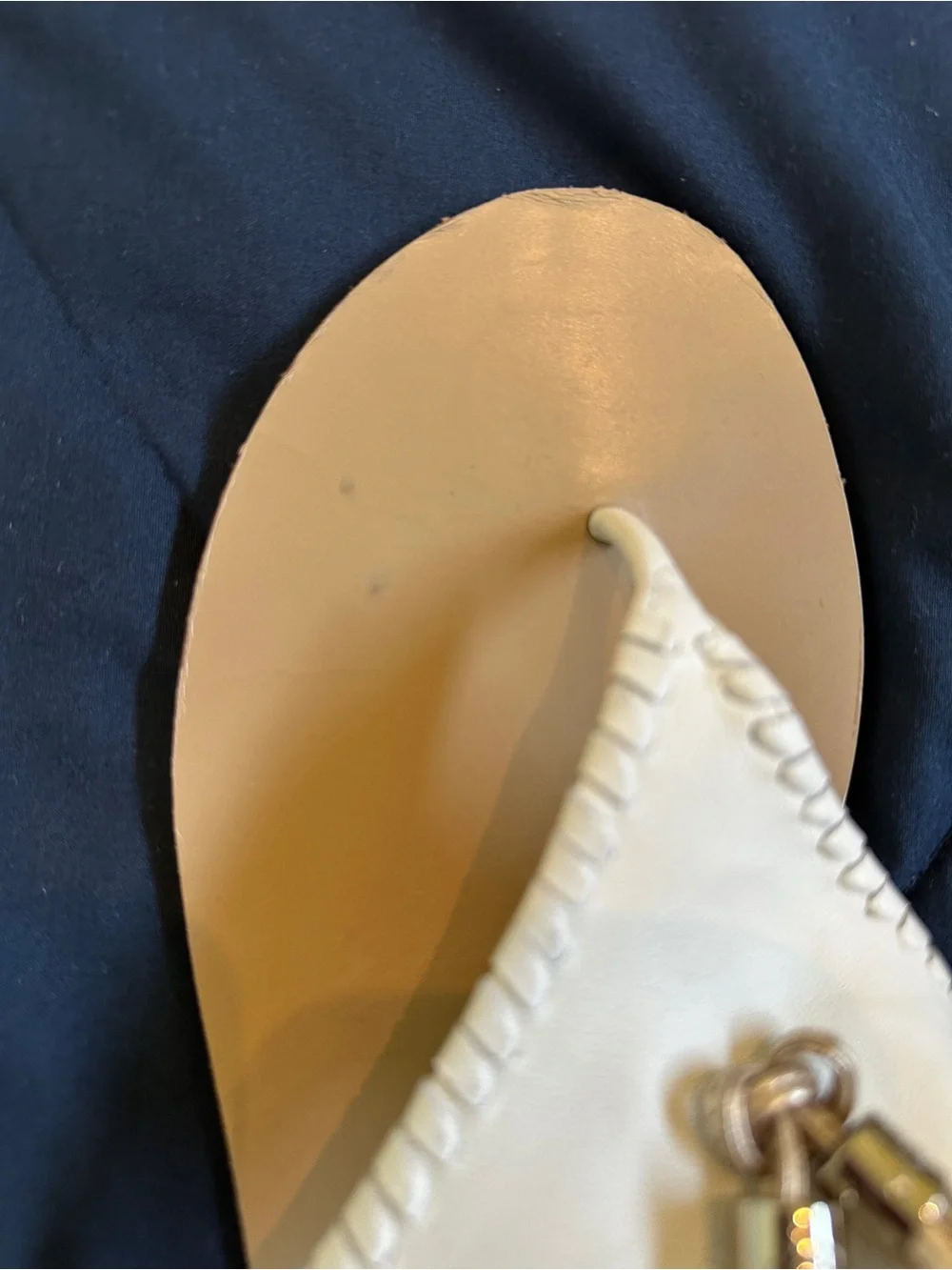 Jack Rogers White Leather Tassel Thong Sandals with Tan Footbed